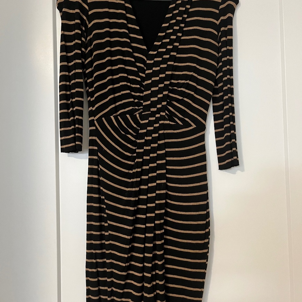 Flattering black midi dress with brown stripes
